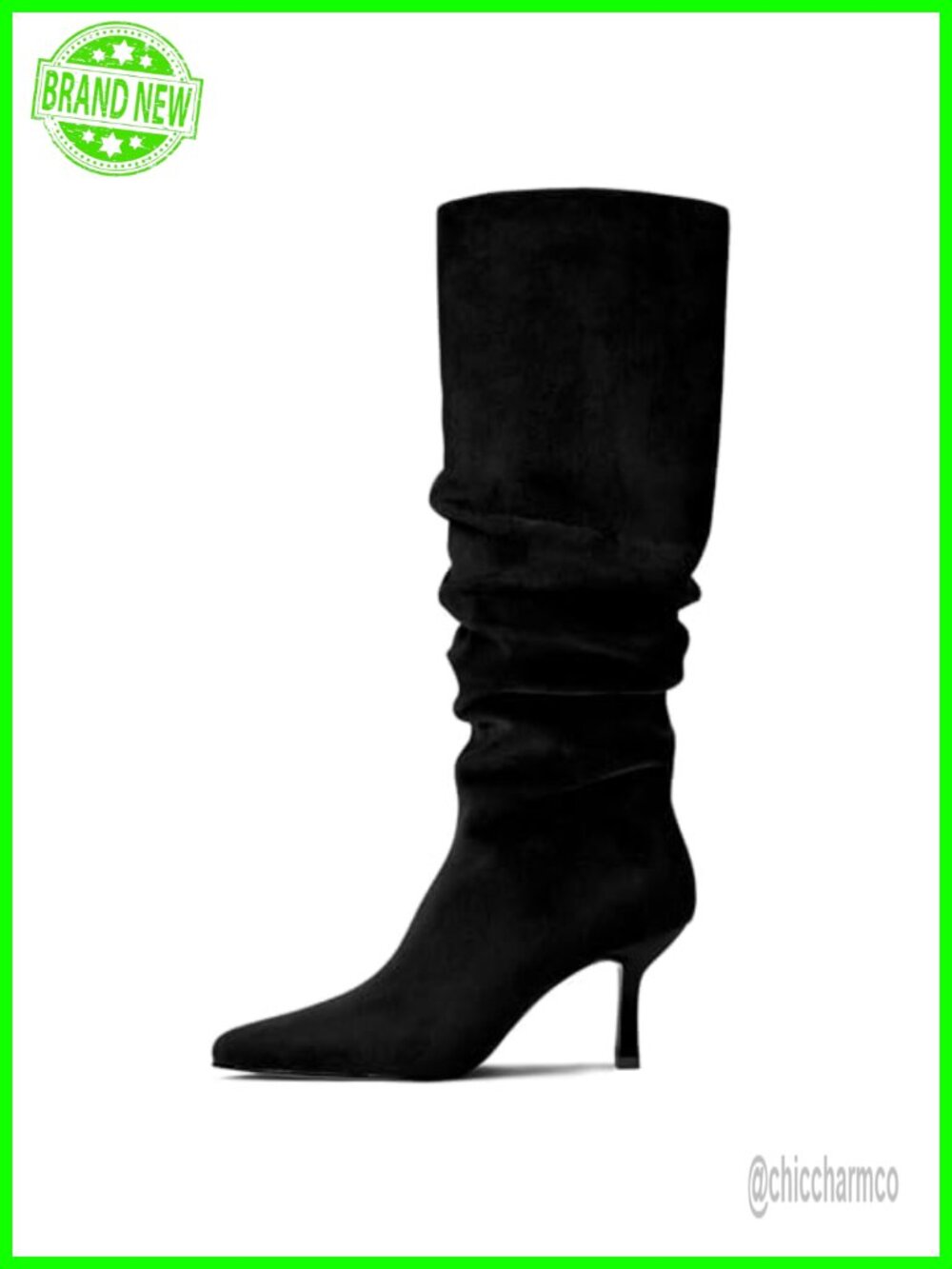 Faux Suede Ruched Knee High Boots Pointed Toe Kitten Heel